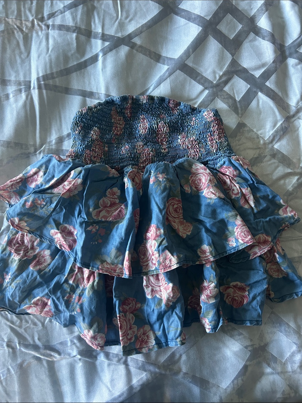 SHEIN Blue Floral Tiered Ruffled Skirt with Pink Roses